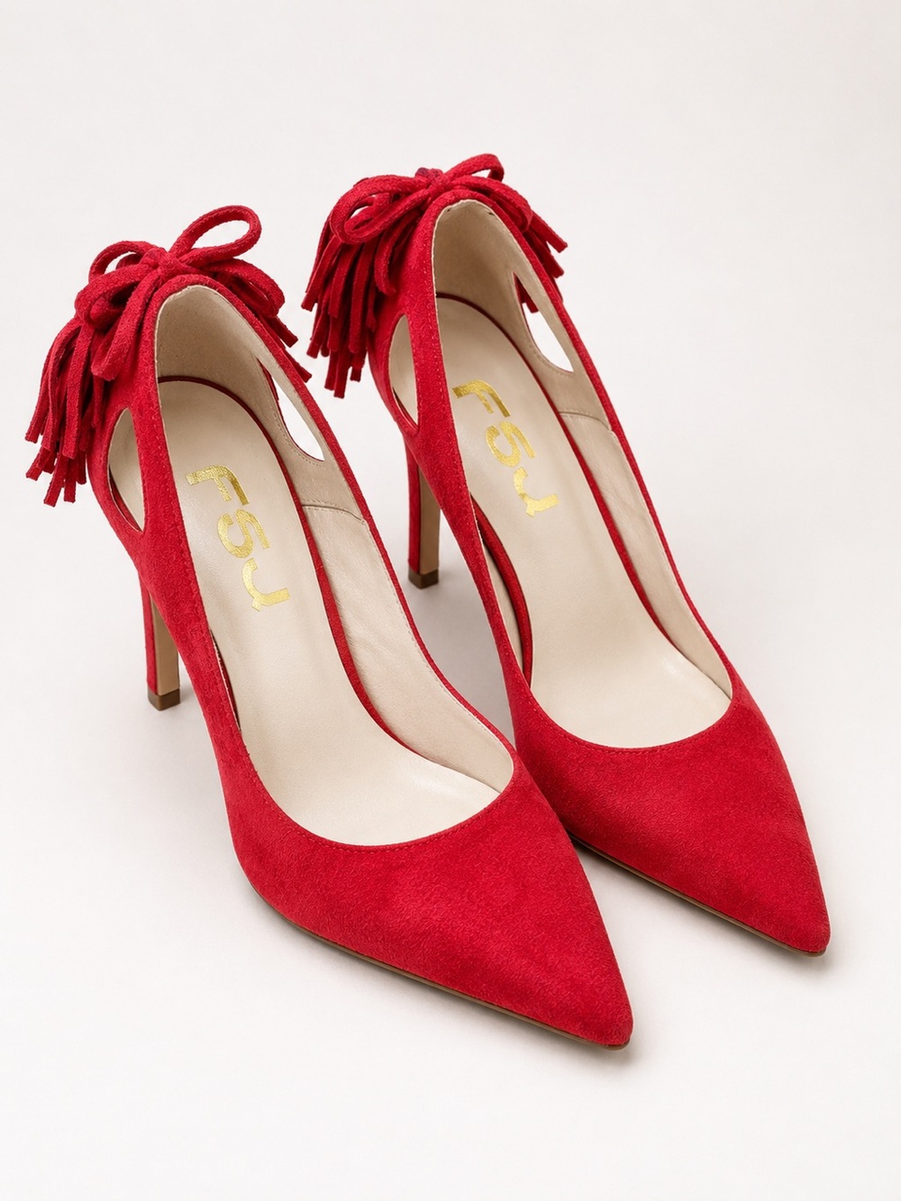 FSJ Red Suede Pointed Toe Pumps with Bow Tassel